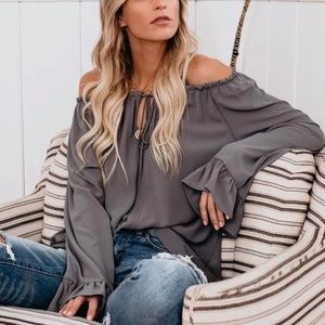 Olive Gray BIllow Sleeve Blouse